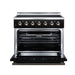 Forno Galiano 36-inch electric range in black front view with the door open