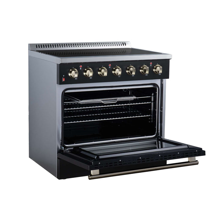 Forno Galiano 36-inch electric range in black left angled view with the door open