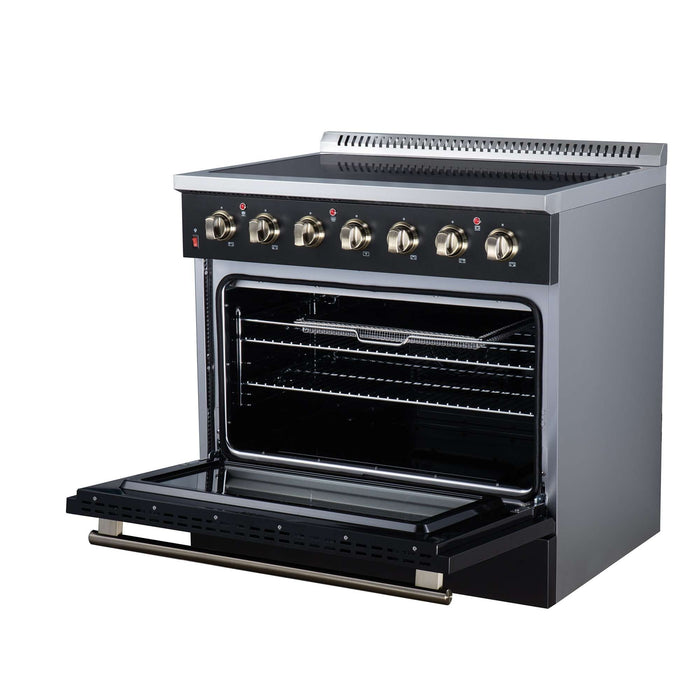 Forno Galiano 36-inch electric range in black right angled view with the door open