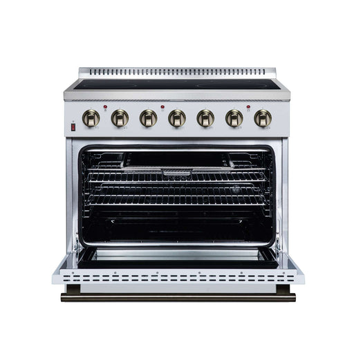 Forno Galiano 36-inch electric range in white front view with the door open