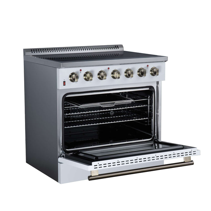 Forno Galiano 36-inch electric range in white left angled view with the door open