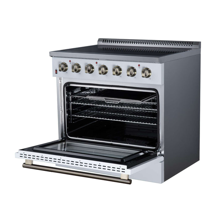 Forno Galiano 36-inch electric range in white right angled view with the door open