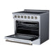 Forno Galiano 36-inch electric range in white right angled view with the door open