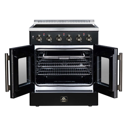 Forno Galiano 30-inch electric range in black front view with the door open