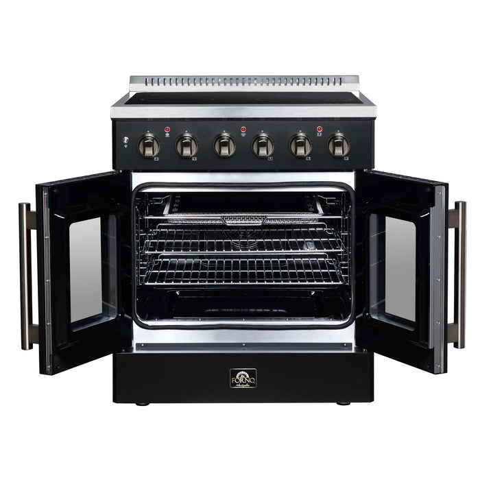 Forno Galiano 30-inch electric range in black front view with the door open
