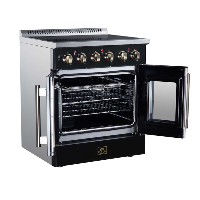 Forno Galiano 30-inch electric range in black left angled view with the door open