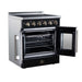 Forno Galiano 30-inch electric range in black left angled view with the door open