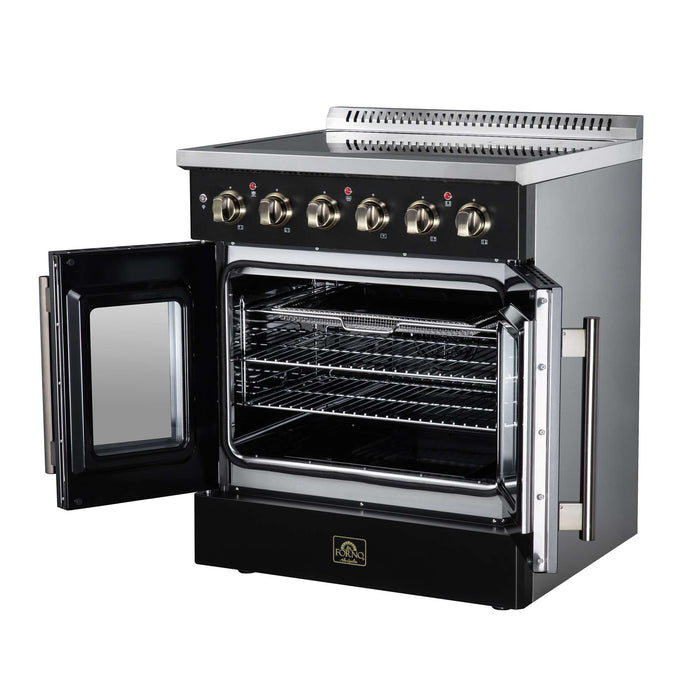 Forno Galiano 30-inch electric range in black right angled view with the door open