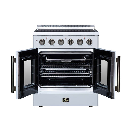Forno Galiano 30-inch electric range in white front view with the door open
