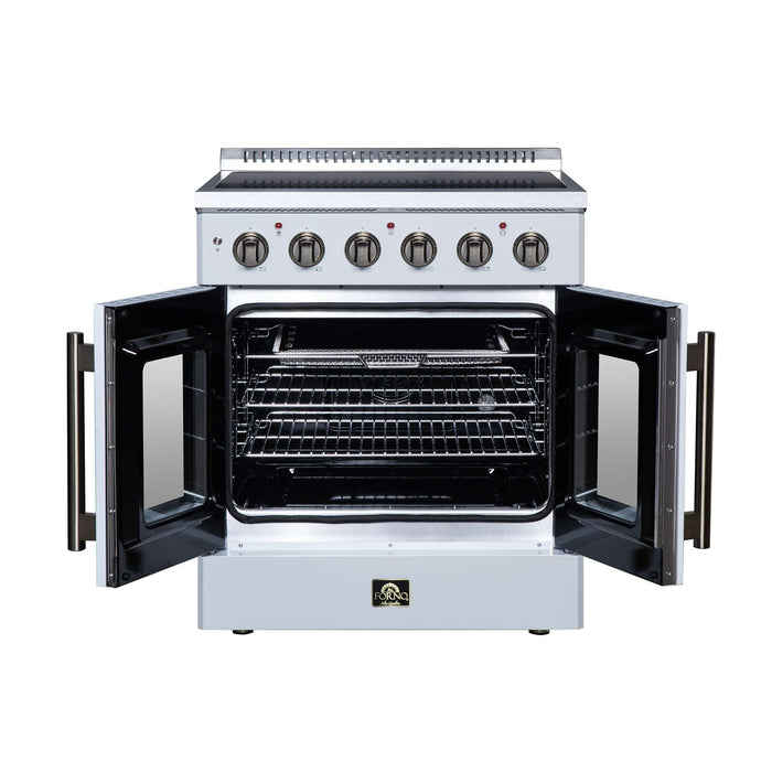 Forno Galiano 30-inch electric range in white front view with the door open