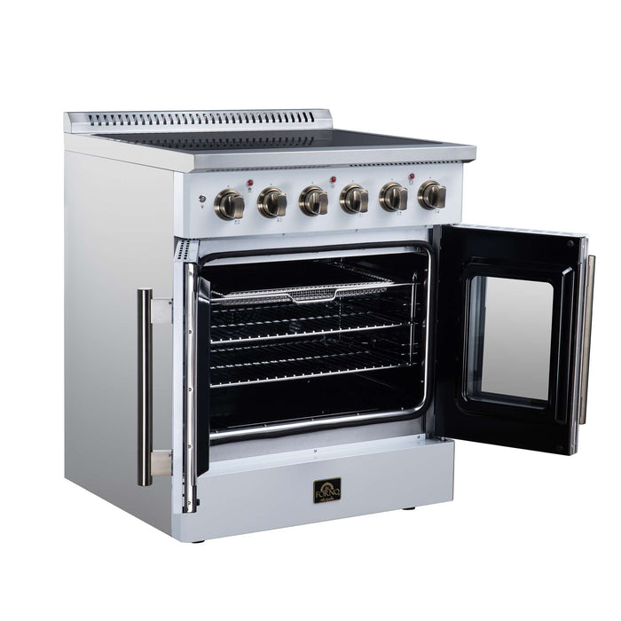 Forno Galiano 30-inch electric range in white left angled view with the door open