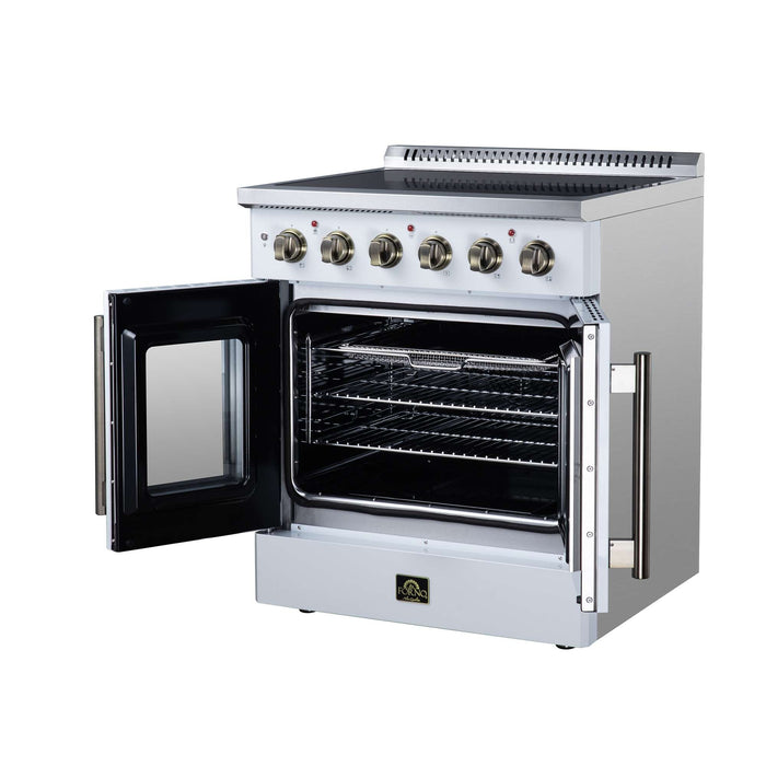 Forno Galiano 30-inch electric range in white right angled view with the door open