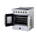 Forno Galiano 30-inch electric range in white right angled view with the door open