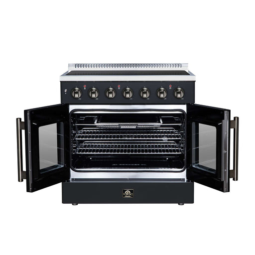 Forno Galiano 36-inch electric range in black front view with the door open