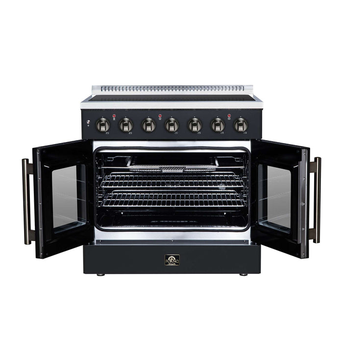 Forno Galiano 36-inch electric range in black front view with the door open