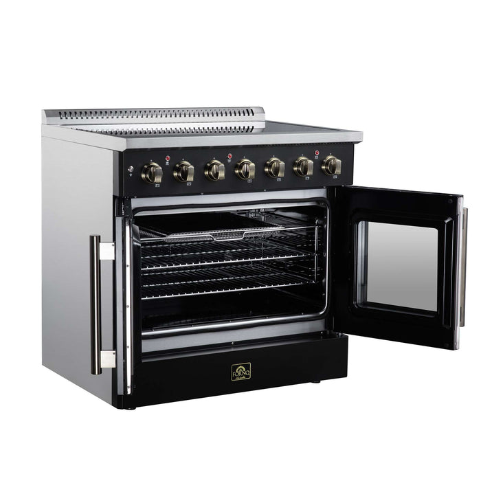 Forno Galiano 36-inch electric range in black left angled view with the door open