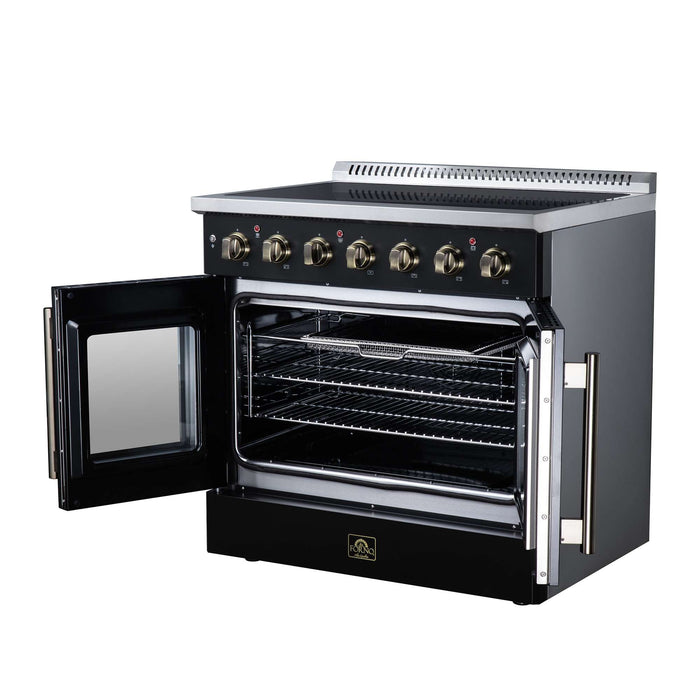 Forno Galiano 36-inch electric range in black right angled view with the door open