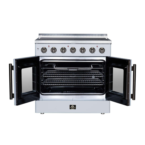 Forno Galiano 36-inch electric range in white front view with the door open