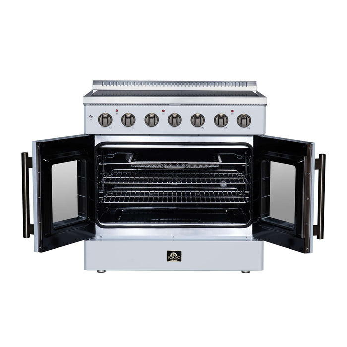 Forno Galiano 36-inch electric range in white front view with the door open