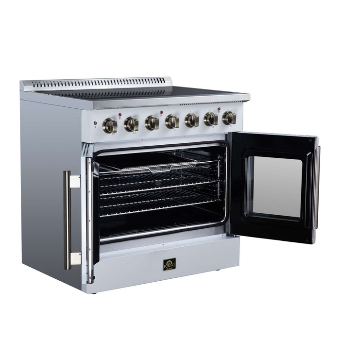 Forno Galiano 36-inch electric range in white left angled view with the door open
