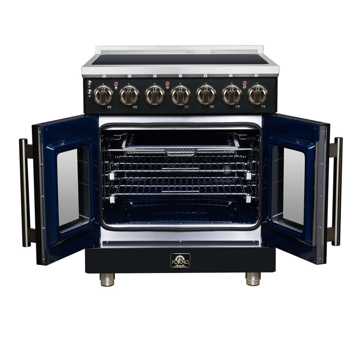 Forno Massimo 30-inch electric range in black front view with the door open