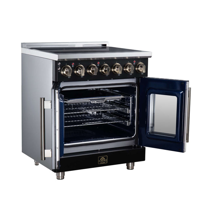 Forno Massimo 30-inch electric range in black left angled view with the door open