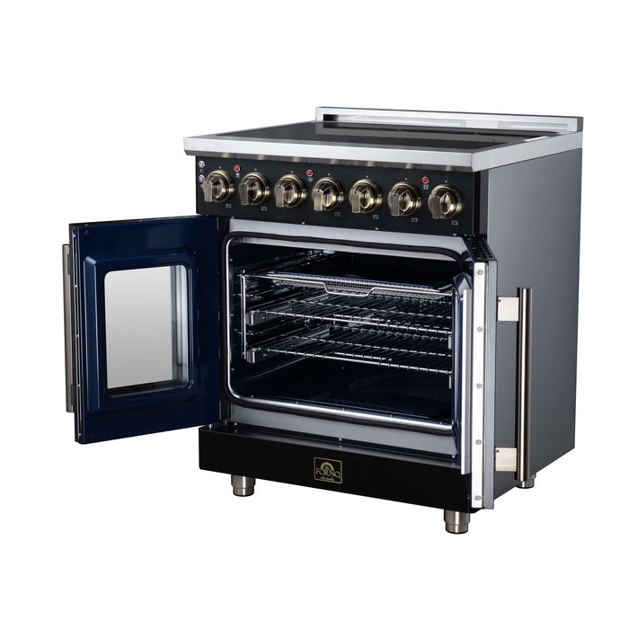 Forno Massimo 30-inch electric range in black right angled view with the door open