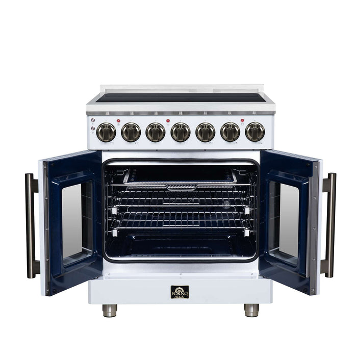 Forno Massimo 30-inch electric range in white front view with the door open