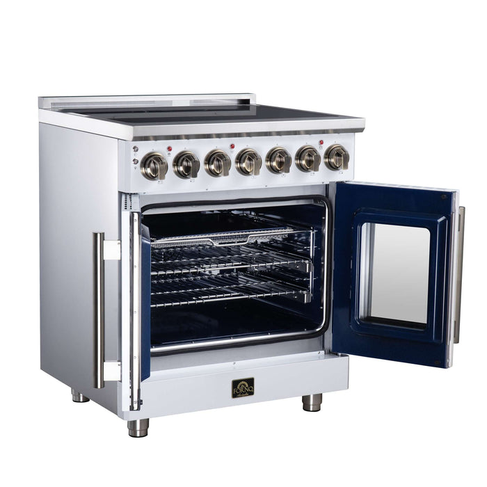 Forno Massimo 30-inch electric range in white left angled view with the door open