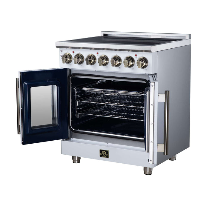 Forno Massimo 30-inch electric range in white right angled view with the door open
