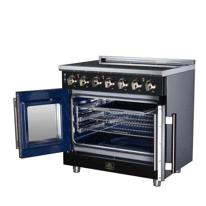 Forno Massimo 36-inch electric range in black right angled view with the door open