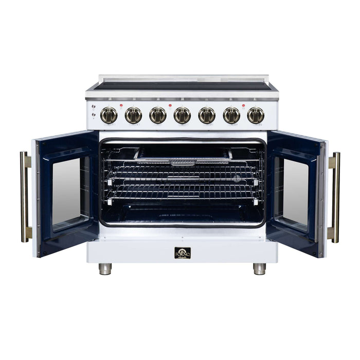 Forno Massimo 36-inch electric range in white front view with the door open