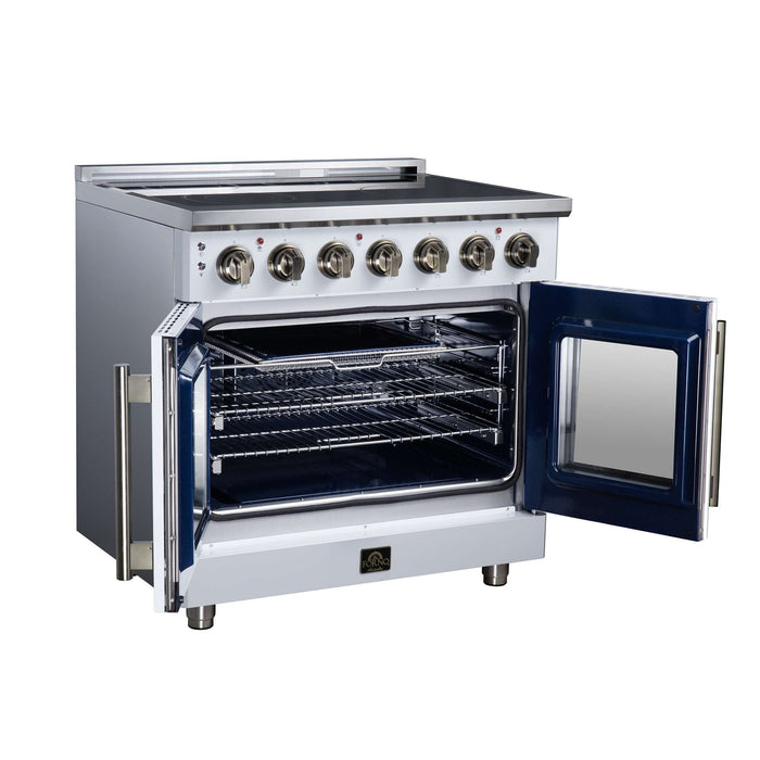 Forno Massimo 36-inch electric range in white left angled view with the door open