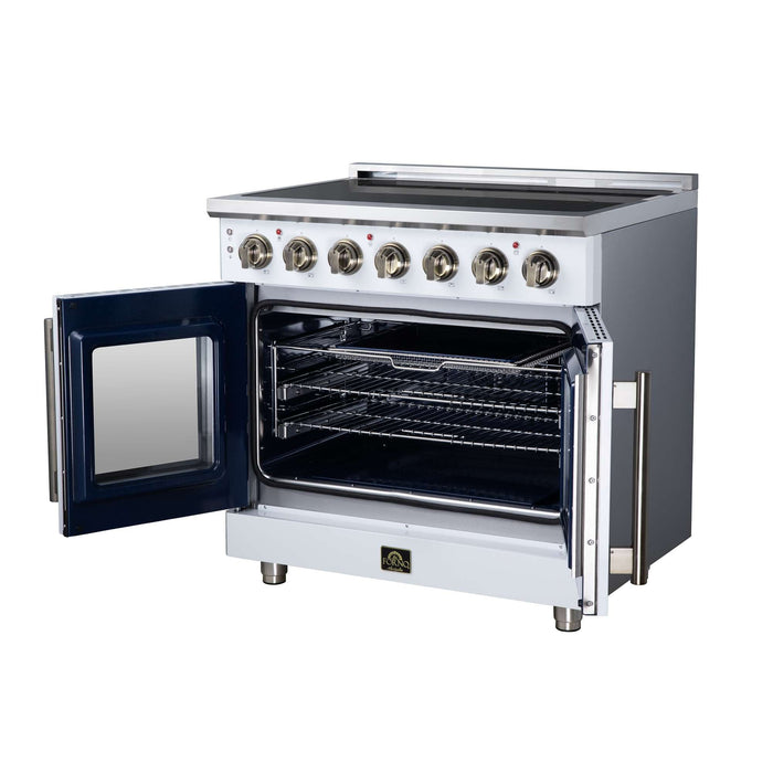 Forno Massimo 36-inch electric range in white right angled view with the door open