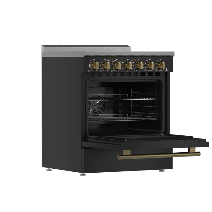Forno Paolo 30-Inch Freestanding Electric Range in Black with Antique Brass Handle (FFSEL6011-30BLK)