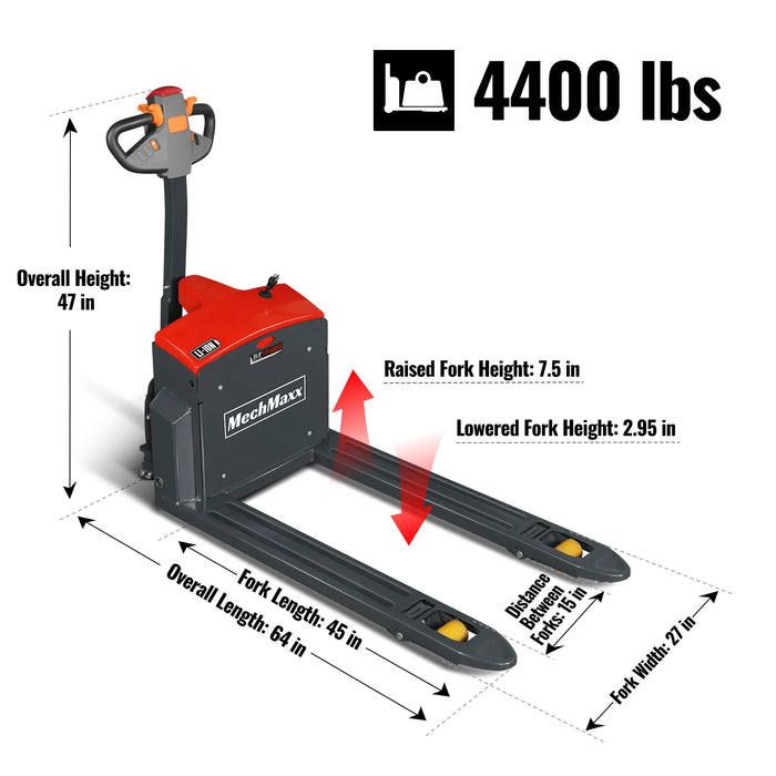 4400lbs Lithium-ion Electric Pallet Jack,  45"x27" Fork,  48V 50Ah Battery,  Walkie Type Truck,  EPT44