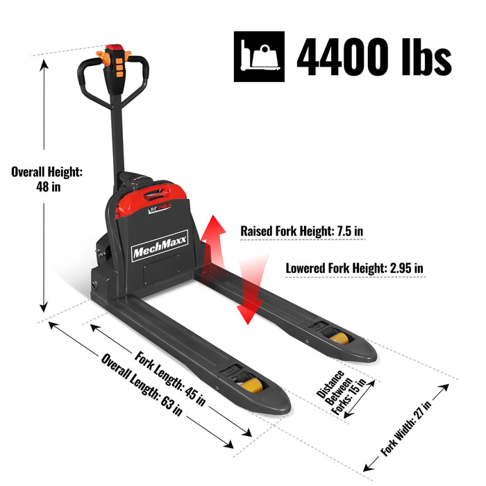 4400lbs Lithium-ion Electric Pallet Jack,  45"x27" Fork,  48V 30Ah Removable Battery,  Walkie Type Truck,  LPT44
