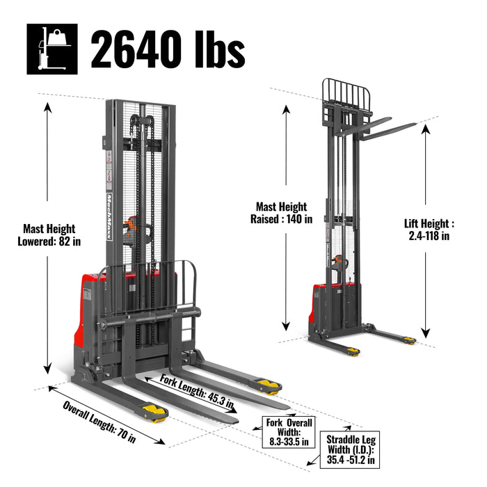 2640lbs Lithium-ion Electric Straddle Stacker,  118" Lift,  Adjustable Legs & Forks,  F26-118S