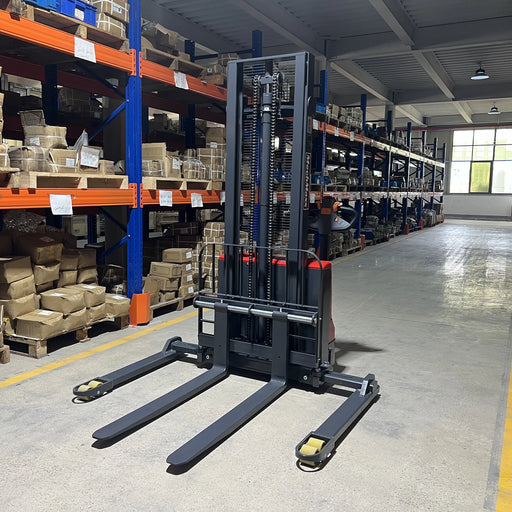 2640lbs Electric Straddle Stacker,  98" Lift,  Adjustable Legs & Forks — angle view