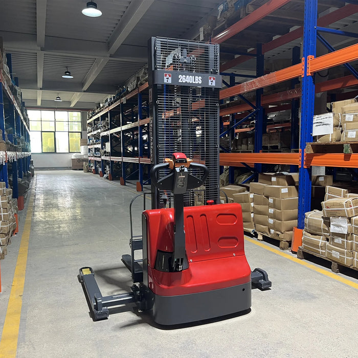 2640lbs Electric Straddle Stacker,  98" Lift,  Adjustable Legs & Forks — lifestyle view