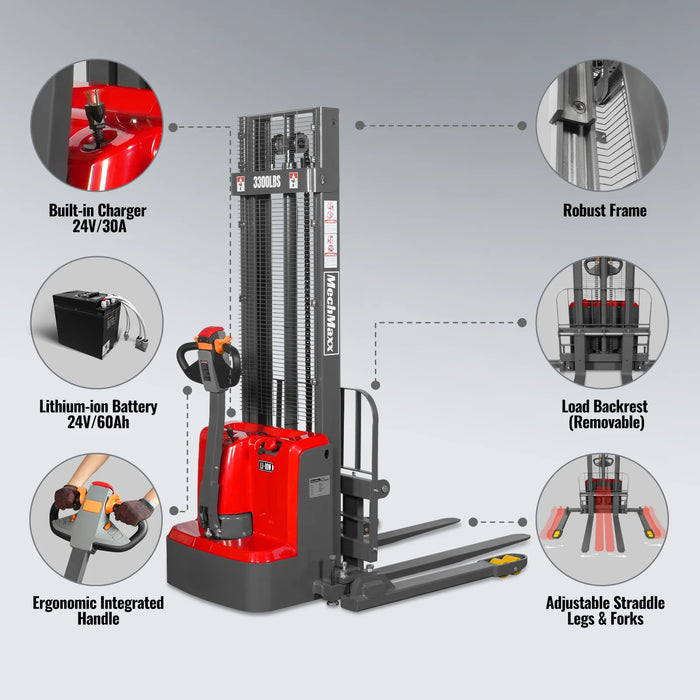 3300lbs Lithium-ion Electric Straddle Stacker,  118" Lift,  Adjustable Legs & Forks,  F33-118S