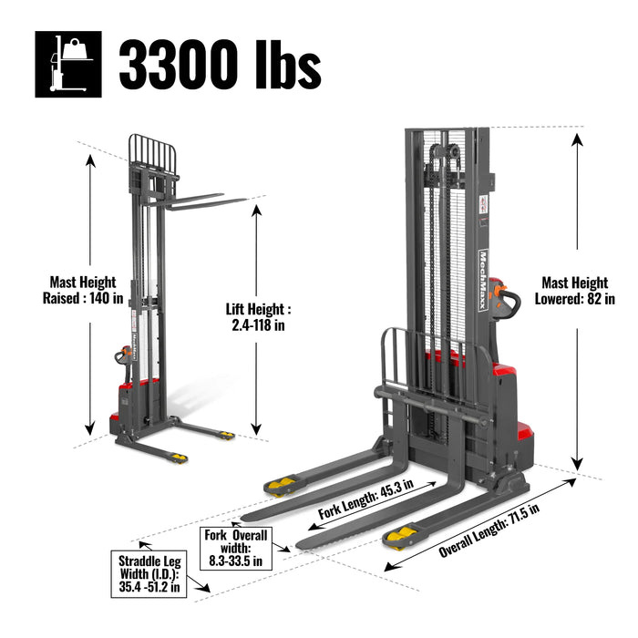 3300lbs Lithium-ion Electric Straddle Stacker,  118" Lift,  Adjustable Legs & Forks,  F33-118S