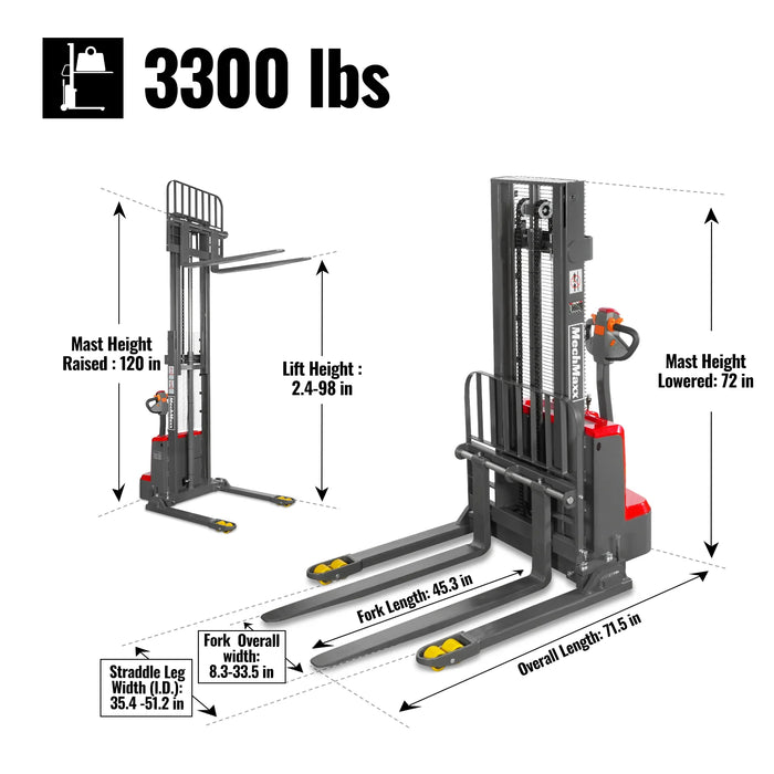 3300lbs Electric Straddle Stacker,  98" Lift,  Adjustable Legs & Forks — dimensions diagram