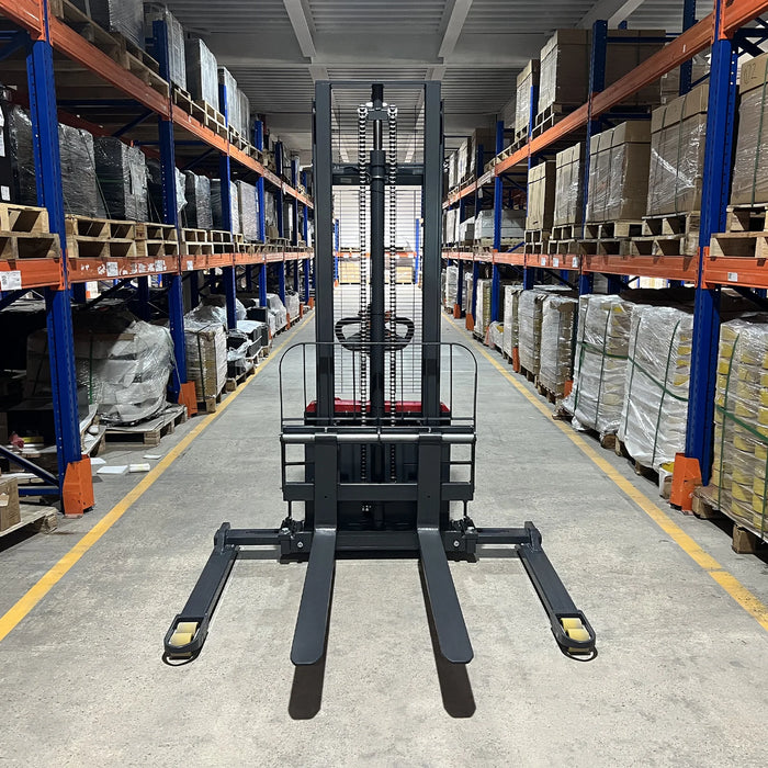 3300lbs Electric Straddle Stacker,  138" Lift,  Adjustable Legs & Fork — angle view