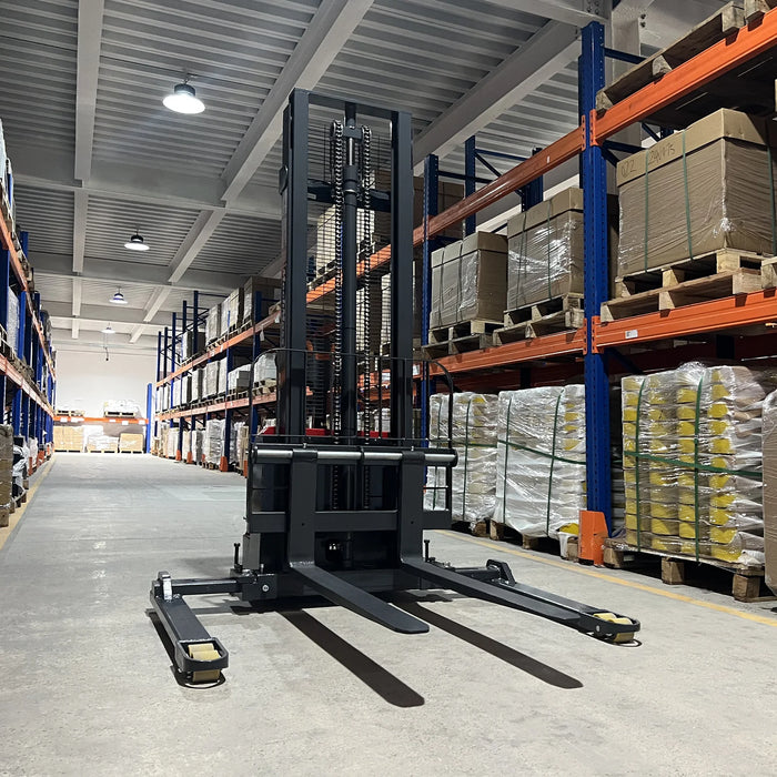 3300lbs Electric Straddle Stacker,  118" Lift,  Adjustable Legs & Fork — lifestyle view