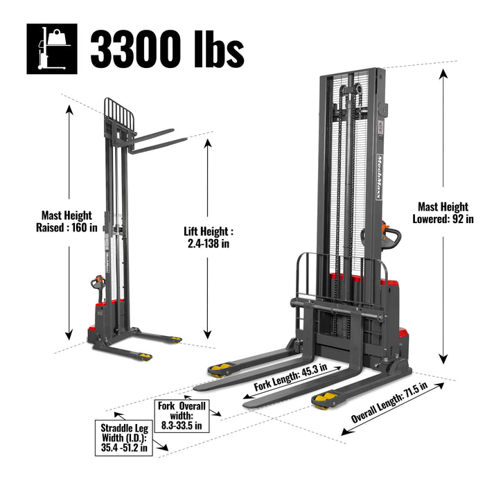 3300lbs Electric Straddle Stacker,  138" Lift,  Adjustable Legs & Fork — dimensions diagram