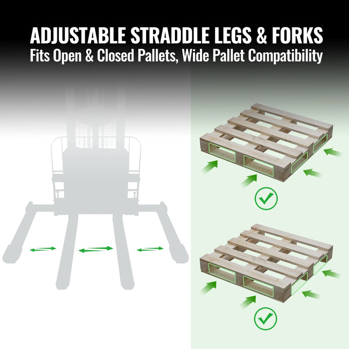 3300lbs Electric Straddle Stacker,  118" Lift,  Adjustable Legs & Fork — view 9