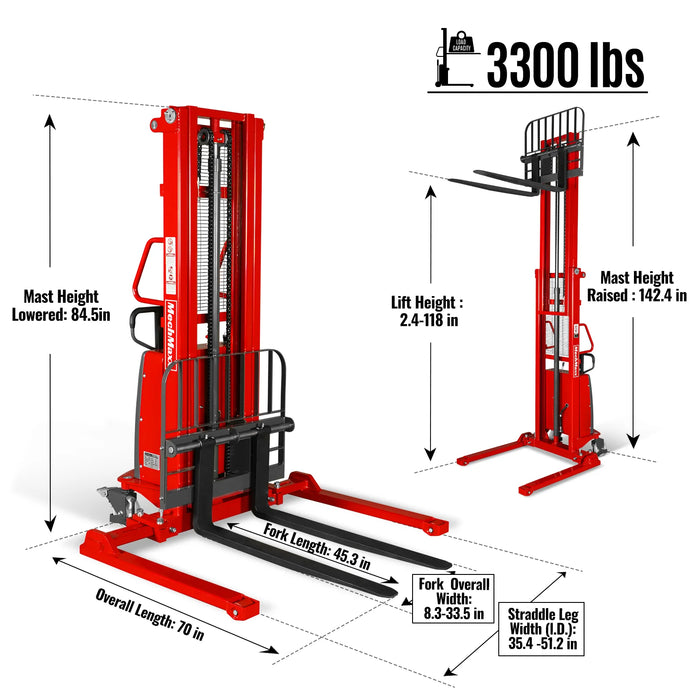 3300lbs Semi-Electric Straddle Stacker,  118" Lift,  Adjustable Legs & Forks,  S33-118S