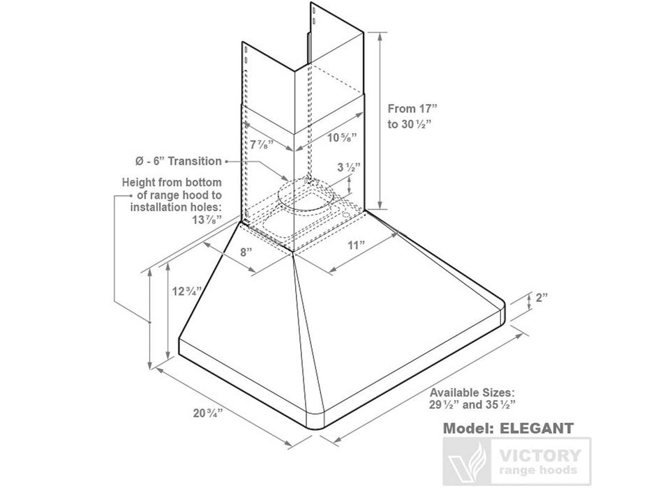 Victory Range Hoods 36 Inch Wall Mounted Range Hood with 450 CFM Remote Blower - VICTORY Elegant