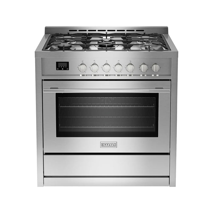 Empava EMPV-36GR12 gas range, angled front view showing the cooktop and oven door